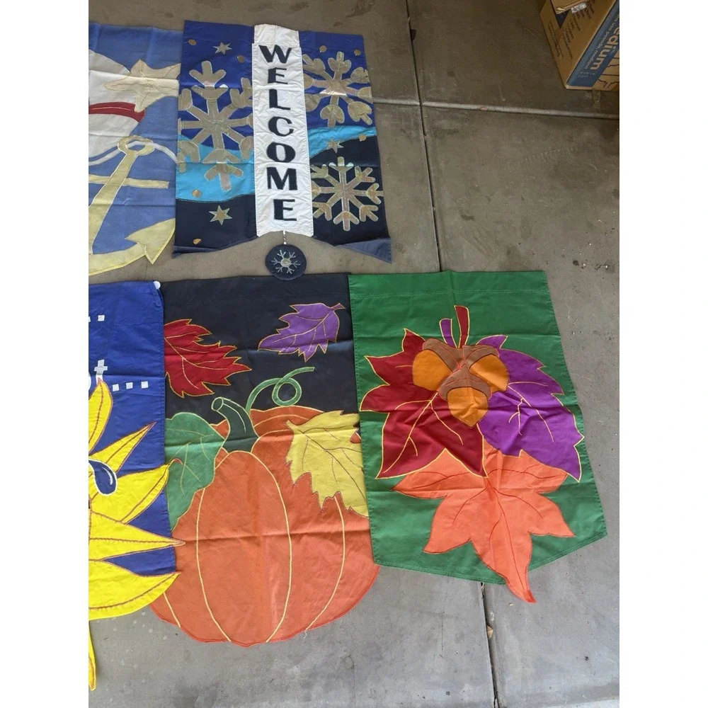 Lot of 7 vintage seasonal yard flags banners decor, weather resistant, santa sun